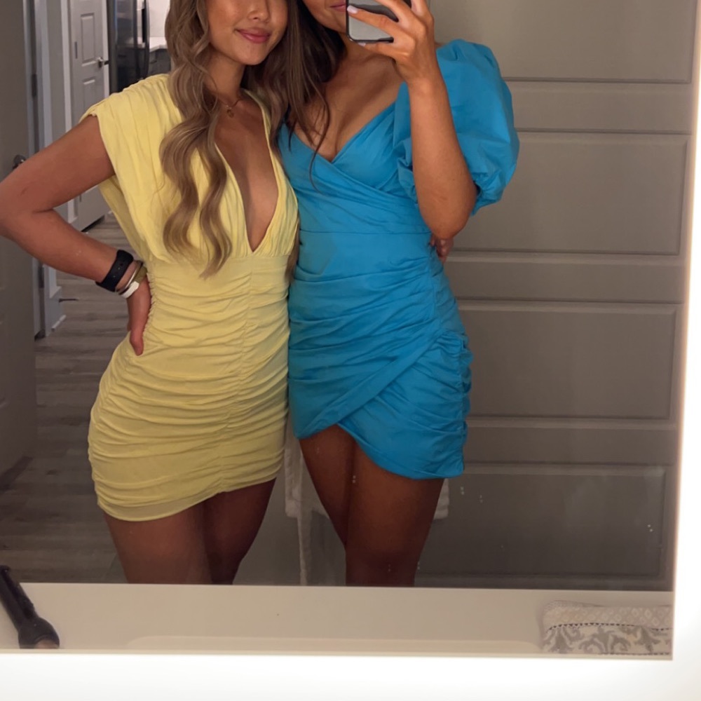 blue puffy sleeve mini dress